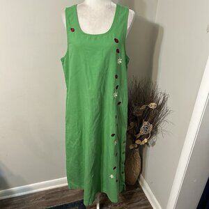 Vtg Y2K Mandal Bay Women Green Embroidered Ladybug Floral Maxi Dress Jumper Sz L